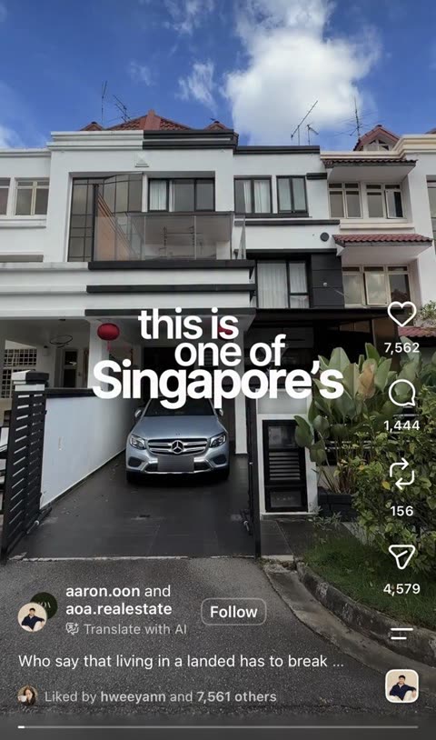 Instagram home tour reel of a landed terrace house in Singapore — 7,562 likes
