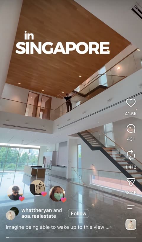Instagram home tour reel inside a Singapore house with a double-volume living room — 41.5K likes